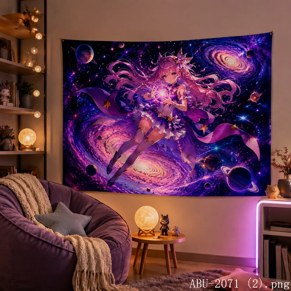 VIKAMA Galaxy Witch Tapestry – Anime Girl with Wizard Staff, Climbing Starry Staircase, Cosmic Fantasy Wall Art