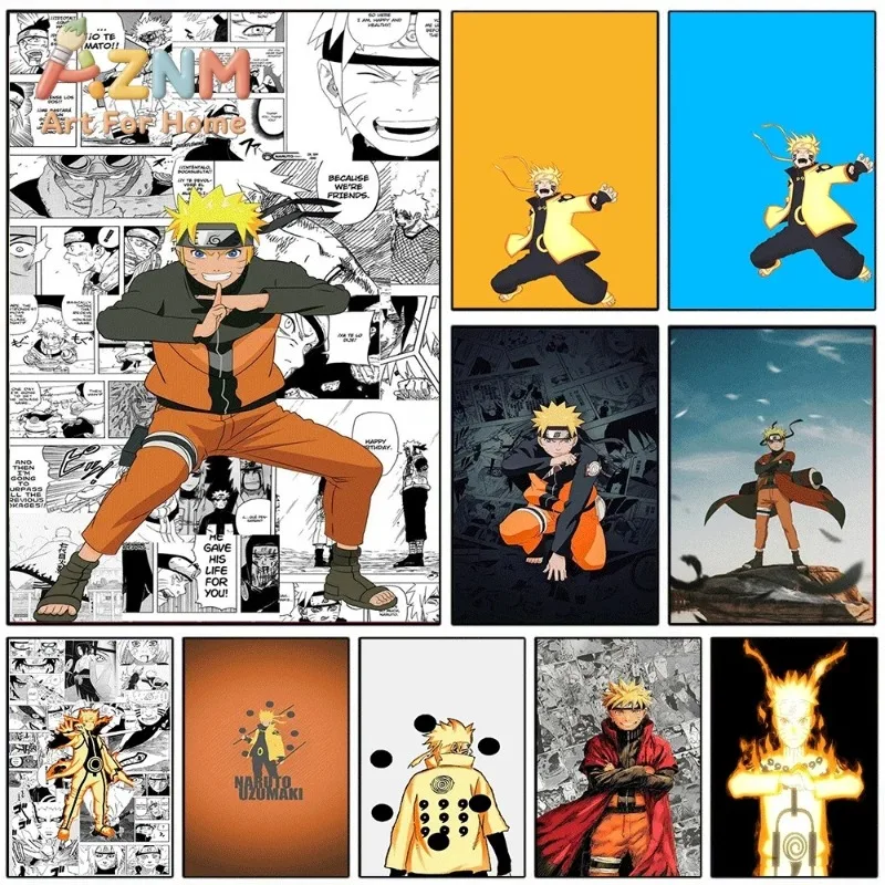 Naruto Uzumaki Anime Canvas Wall Art Print, Comic Manga Collage Background Character Poster, Unframed Canvas Painting for Bedr
