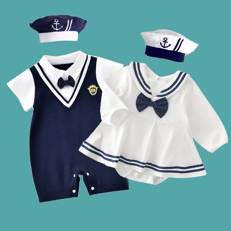 Sister and Brother Matching Boy Girl Sailor Costume One-Pieces Navy Bodaysuit Toddler Girls Sailor Theme Dress Photoshoot Outfit