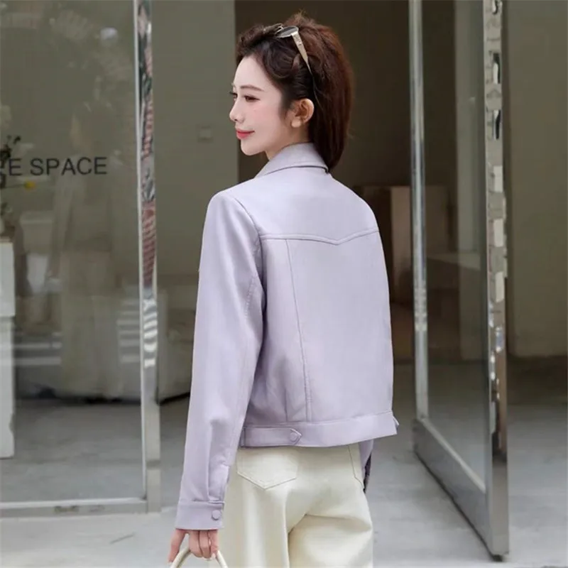 Korean Double Lapel Design Short Faux PU Leather Coat Light Purple Black Casual Single-Breasted Long Sleeve Women Biker Jacket