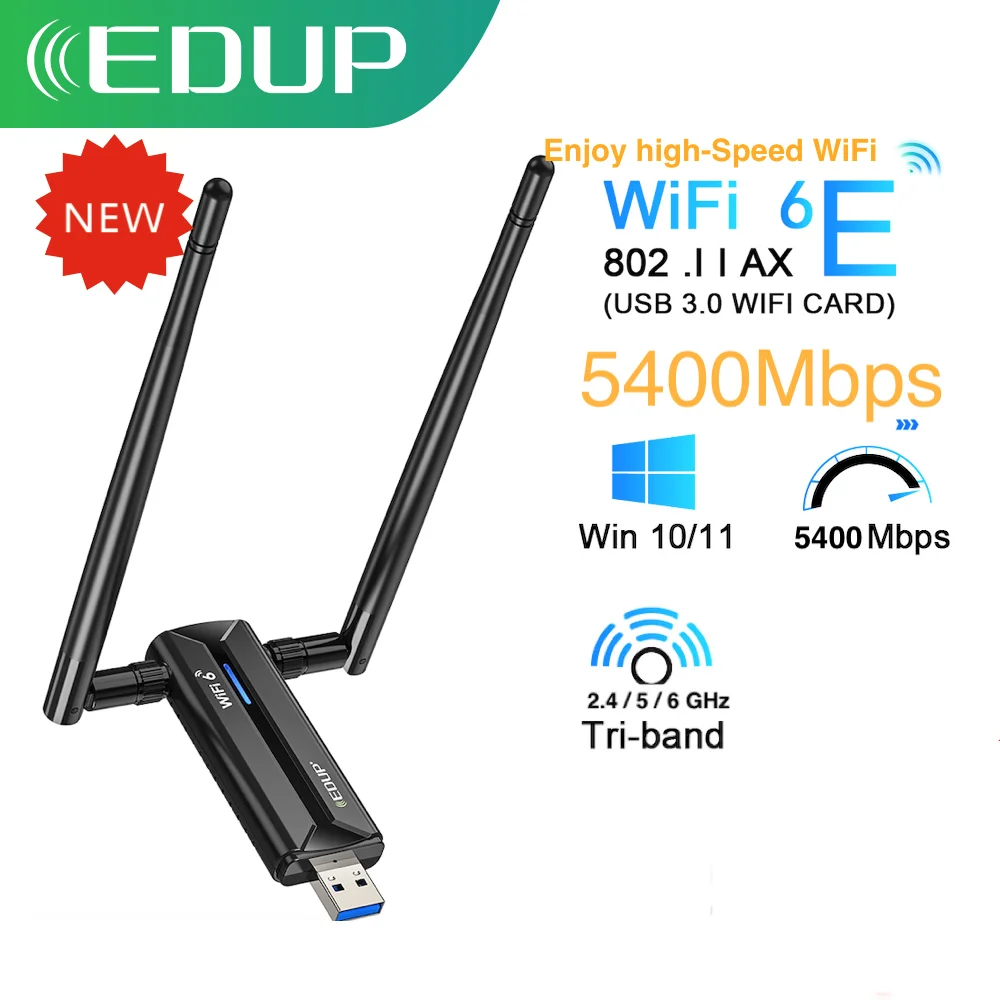 EDUP AX5400 USB 3.0 WiFi 6E Wireless Network card Tri Band 2.4G/5G/6GHz WiFi Adapter 802.11AX High Gain Antenna Dongle