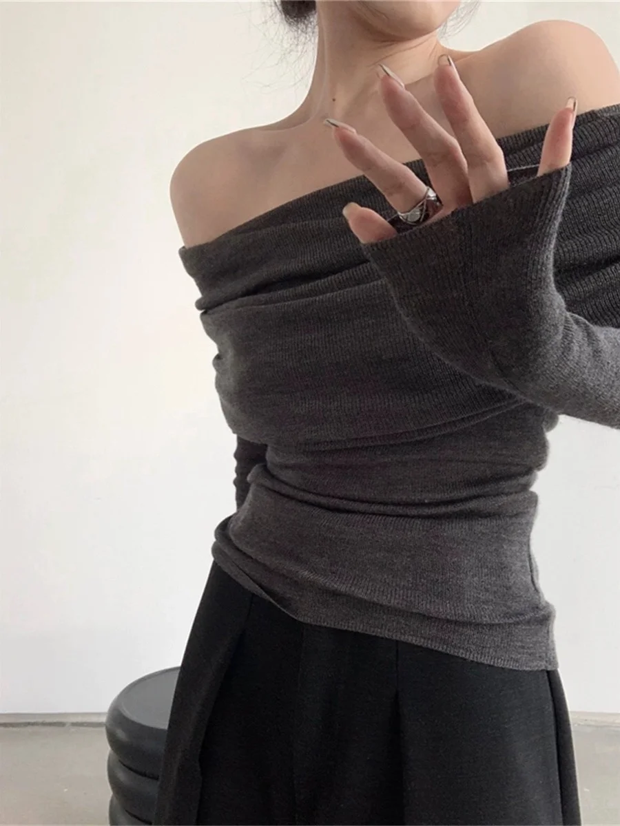 oulder Bared Knitted Base irt Women's Spring Autumn 2025 New Pure Desire Sweater Slim Fit High End Feeling One oulder Top