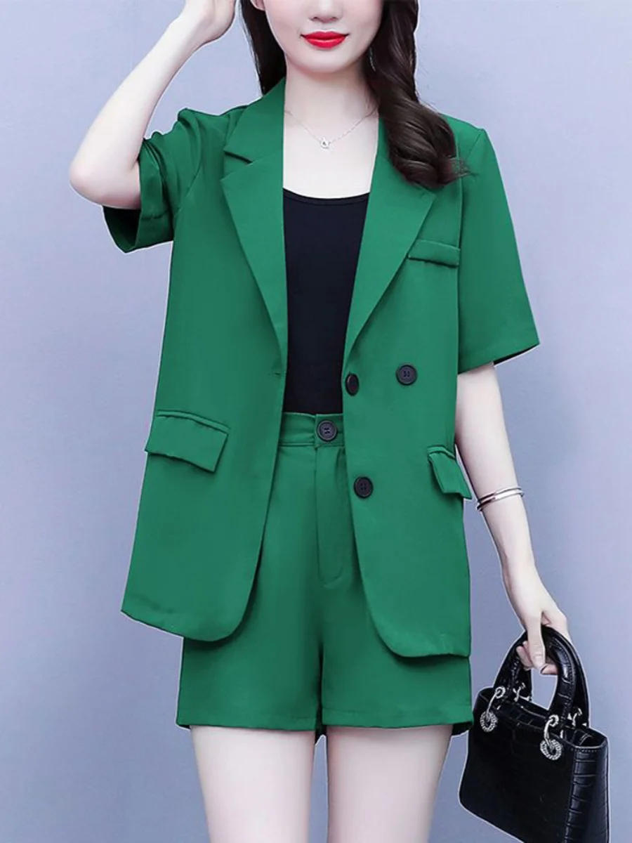 

Модный повседневный женский деловой костюм с шортами, комплект из двух предметов, летняя новинка, элегантный комплект с коротким рукавом на пуговицах