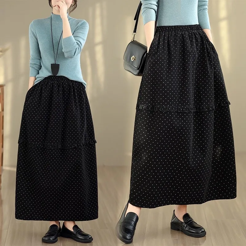 

Vintage 2025 Autumn And Winter Women Skirt Elastic Loose Casual Dot Printed Simple High Waist Slimming Skirt W1008