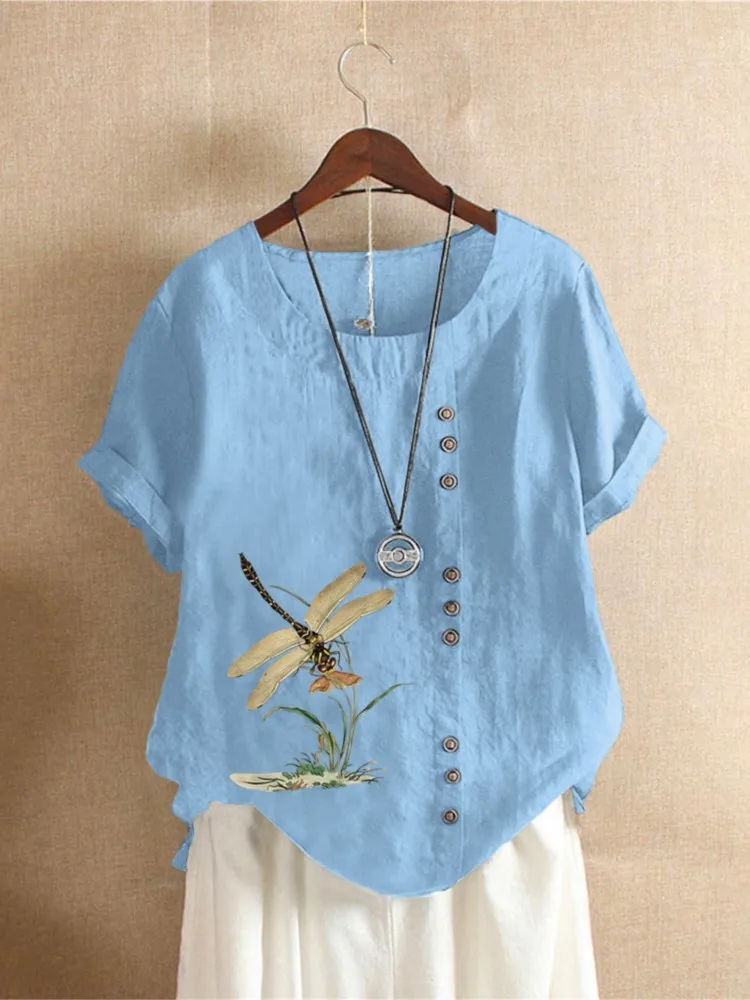 

Casual Print Shirt Top For Women Fashion Short Sleeve O Neck Button Pullover Shirts Tops Lady Holiday Womens Clothing Summer New