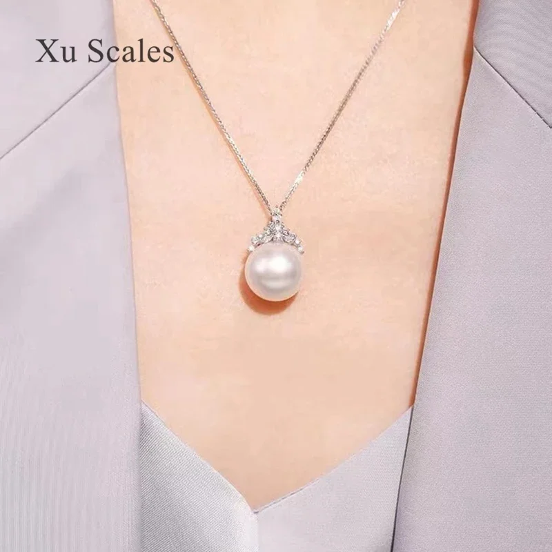 Natural Freshwater Pearl Pendant Necklace S925 Sterling Silver Single Large White Pearl Ice Queen Zircon Classic Collar Chain