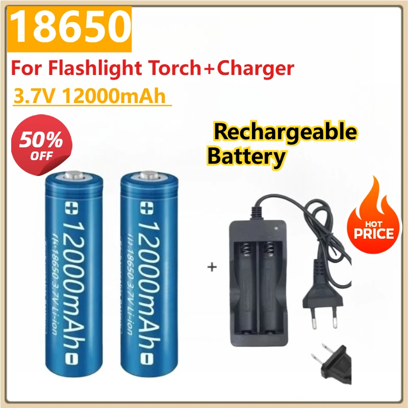 

New Rechargeable Battery 18650 3.7V 12000mAh Large Capacity Lithium-ion For Flashlight Torch+Charger