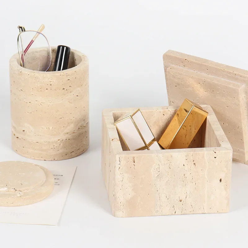 【Natural】Decorative Travertine Storage Box for Jewelry Natural Marble Bathroom Vanity Organizer Canister for Cotton Swabs