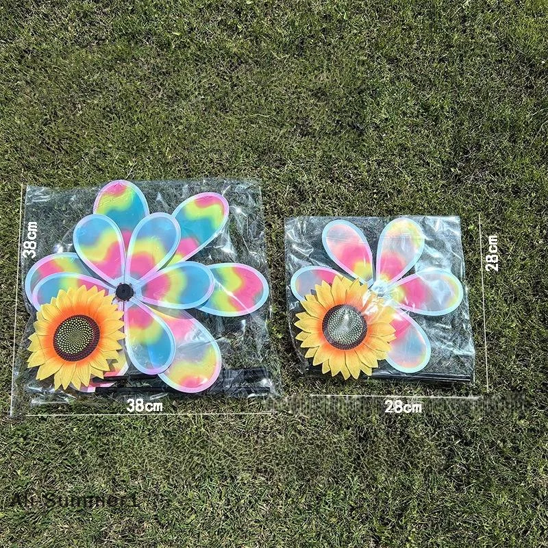 【E】1 Piece Colorful Film Illusionary Flame Color Changing Sunflower Windmill Double-layer Wind Spinner Kids Toys Garden Decor