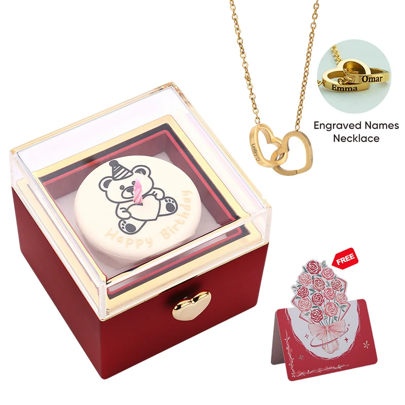 

Revolve Birthday Cake Candle Jewelry Box with Double Heart Name Necklace Anniversary Valentine’s Day Gift Box Set for Her Lover