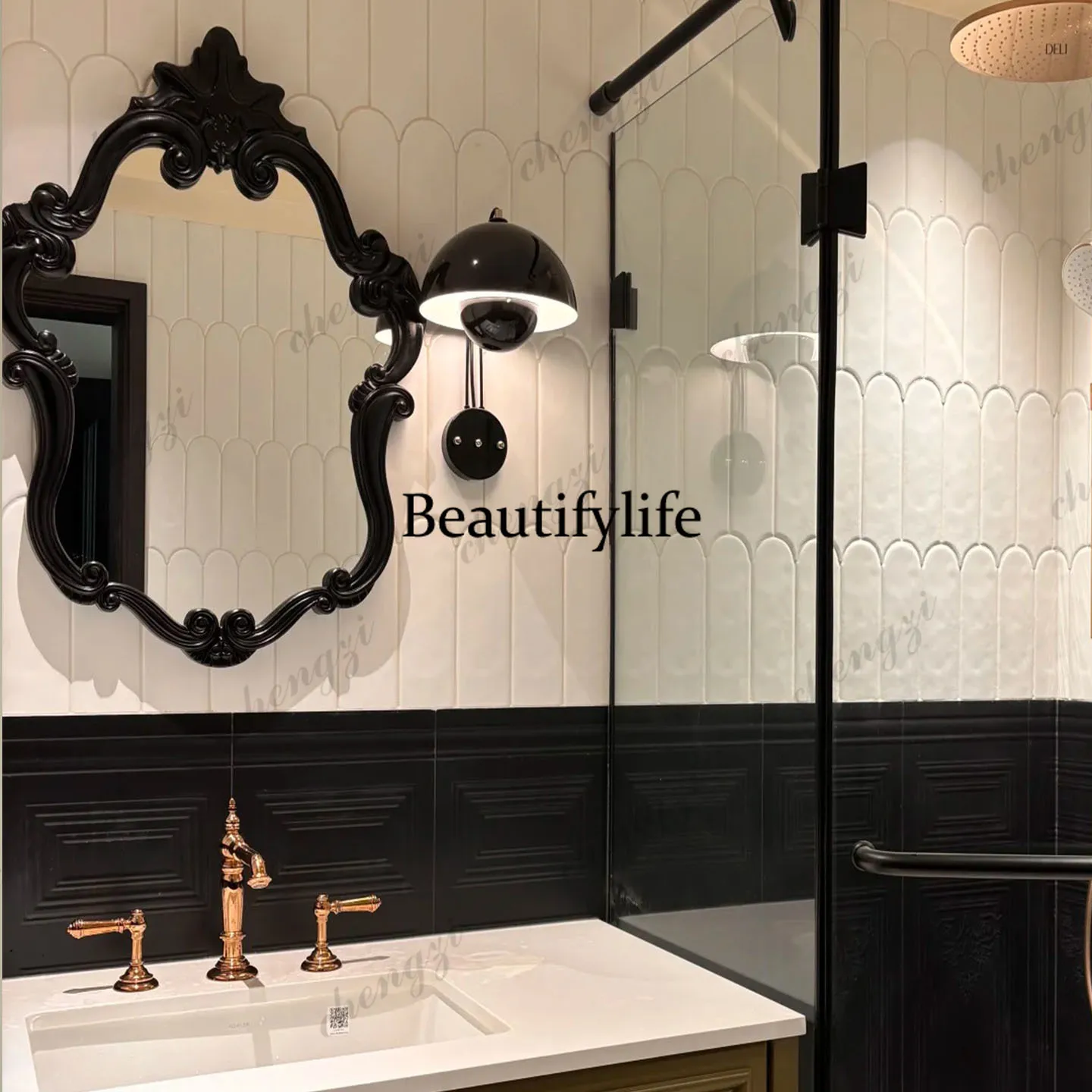 Retro dressing mirror, carved decorative mirror, black antique bathroom mirror