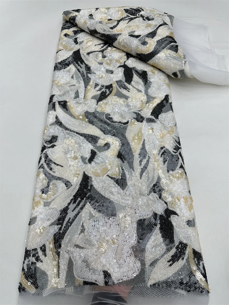 

Elegant Luxury Beaded Lace Sequins African Lace Fabric 2025 High Quality Nigerian Net Lace Fabric for Evening Party Dress Women