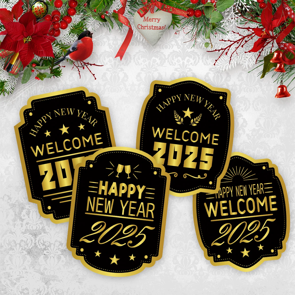 8 st Gelukkig Nieuwjaar 2025 Wijnfles Etiketten, Feestelijke Stickers voor Oudejaarsavond Decoratie, doos Seal Sticker Feestartikelen