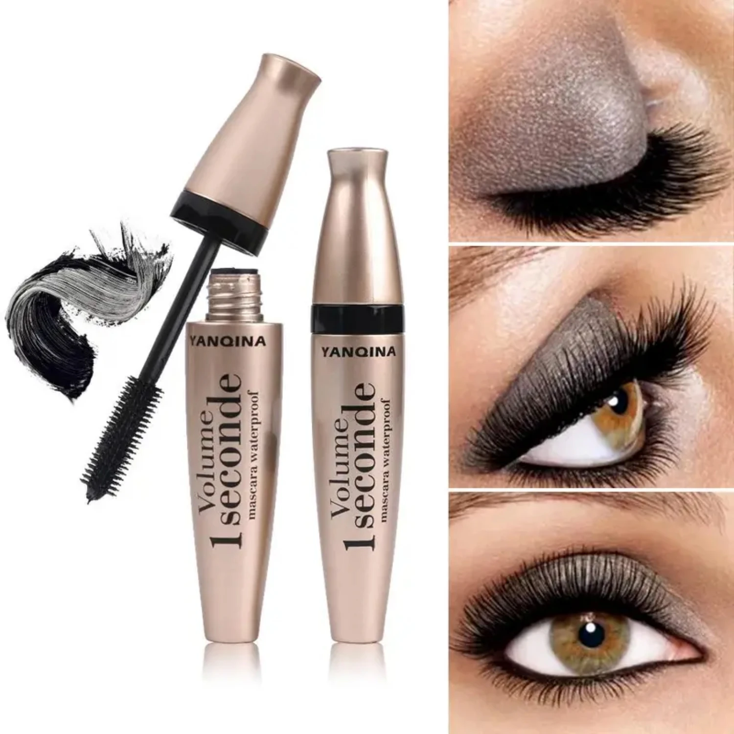 

Long-lasting and dramatic black fiber liquid mascara for stunning eye makeup looks, featuring a curling brush for incredible las