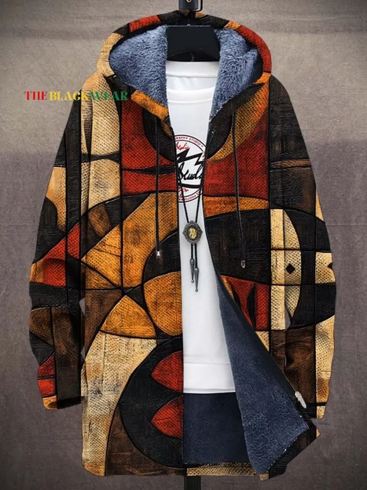 Vintage African Tribal Art Abstract Geometric Totem Painting Print Unisex Plush Thick Long-Sleeved Sweater Cardigan Coat