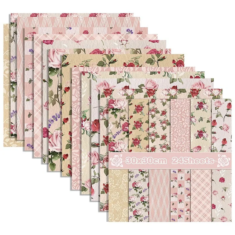 12X12inch Double-Sided Watercolor Floral Cardstock Pink 24 Sheets Spring Pink Rose Scrapbook Paper For DIY Making Cards