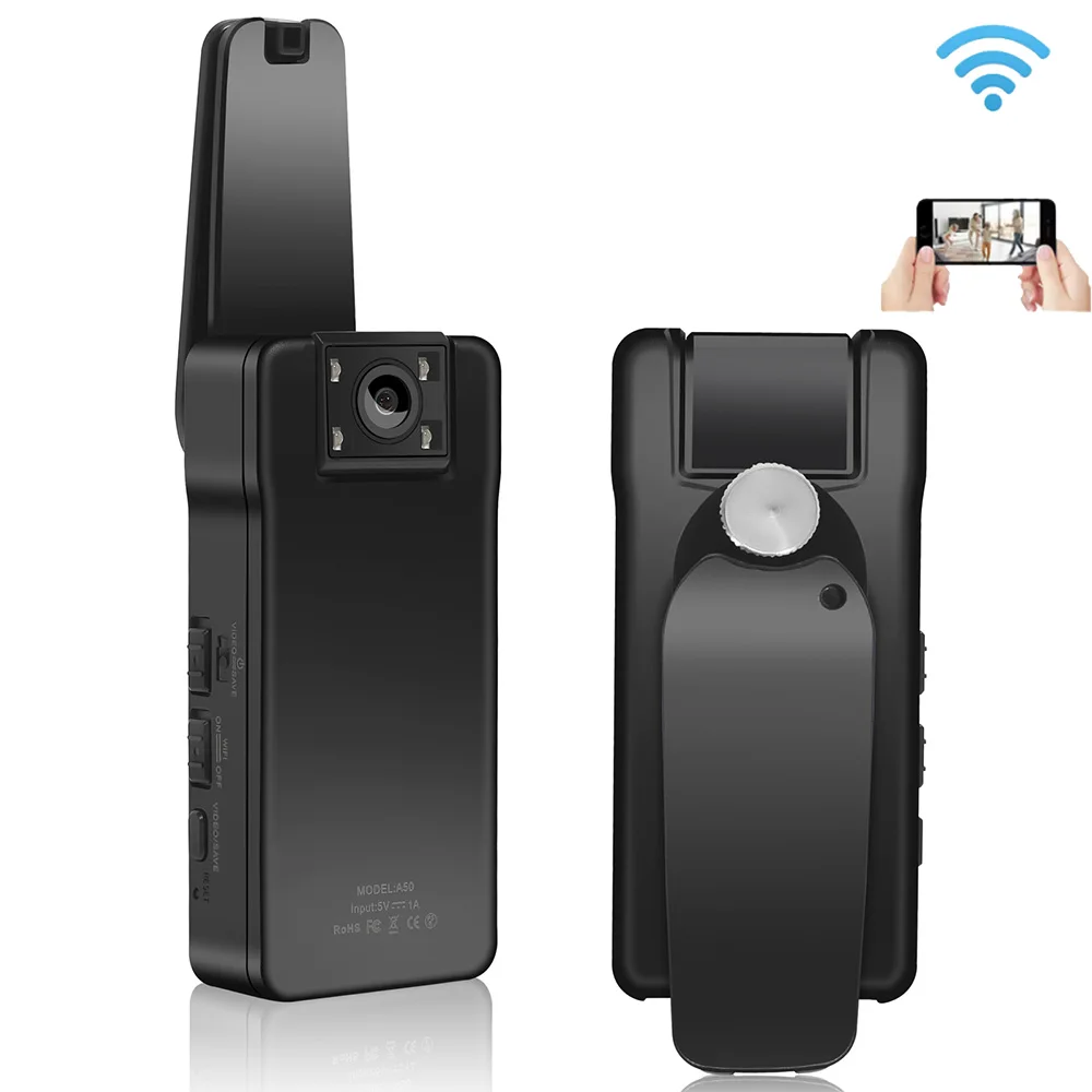 

1080P Mini Digital Camera with Rotating Back Clip WIFI Remote Control 150 Degrees Wide Angle Rotation Lens Bodycam Sports DV A50