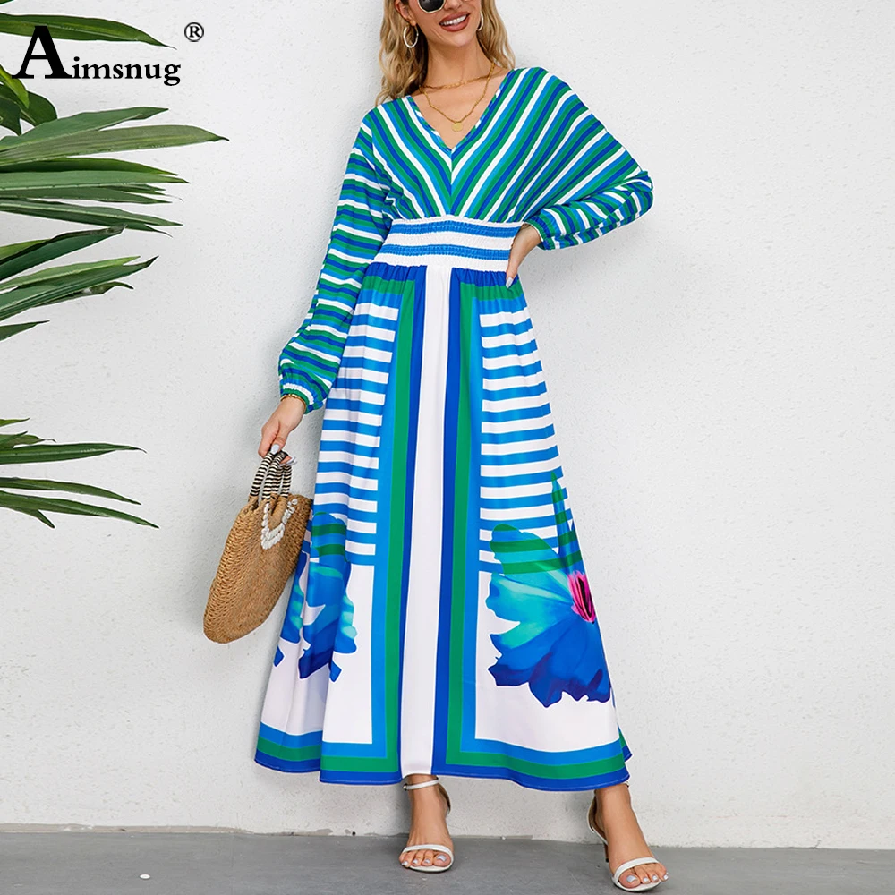 Female Long Sleeves Elegant Mid-Calf Dress Womens High Split Boho Flower Print Dresses Ladies Vintage A-line Dress Clothing 2023