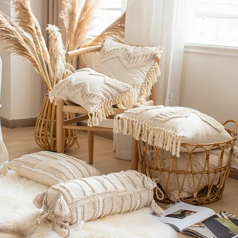 yesBoho Loop Tufted Pillowcase Cotton Linen Wabi-sabi Tassel Cushion Cover Candy Shaped Lumbar Pillow Cover Home Sofa Decorative