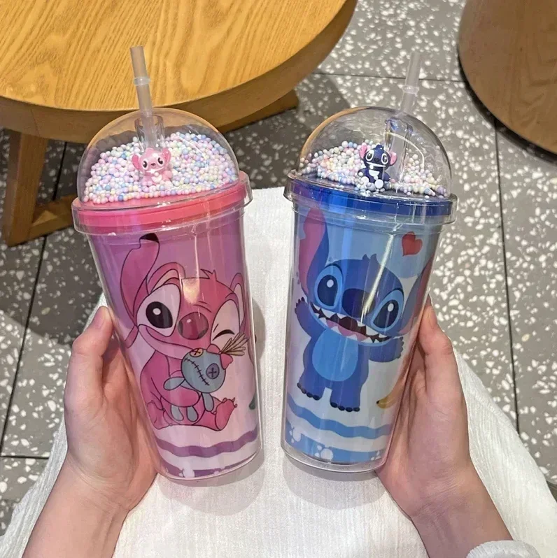 New Disney Stitch Cartoon Straw Cup Anime Lilo & Stitch INS Double-layer Plastic Water Cup Children Portable Drinking Cup Gifts