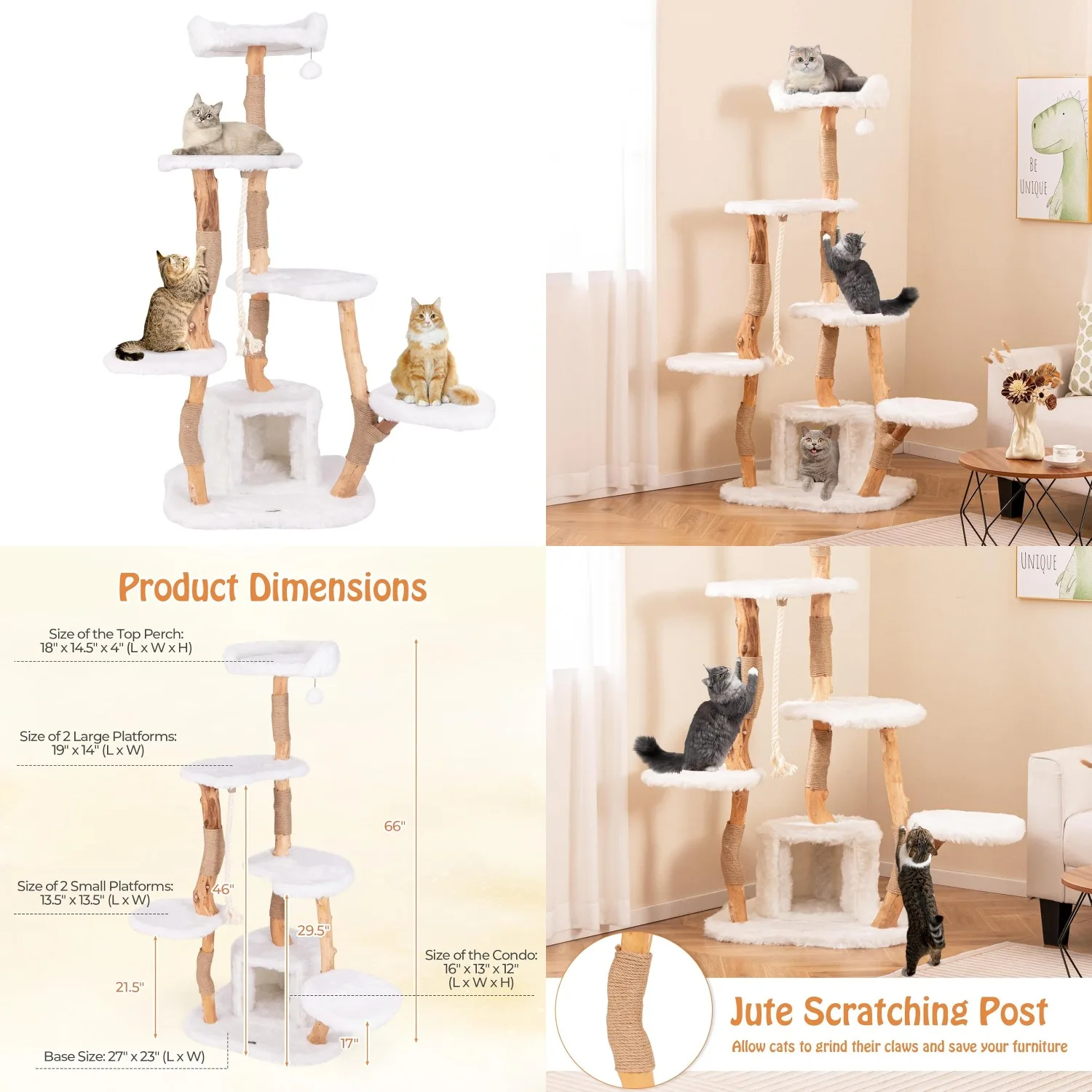 

Деревянная многоуровневая лежанка-башня для кошек высотой 66 дюймов, с джутовыми столбиками для царапания, сизалевым канатом, кошачьим домиком и возможностью индивидуальной настройки.