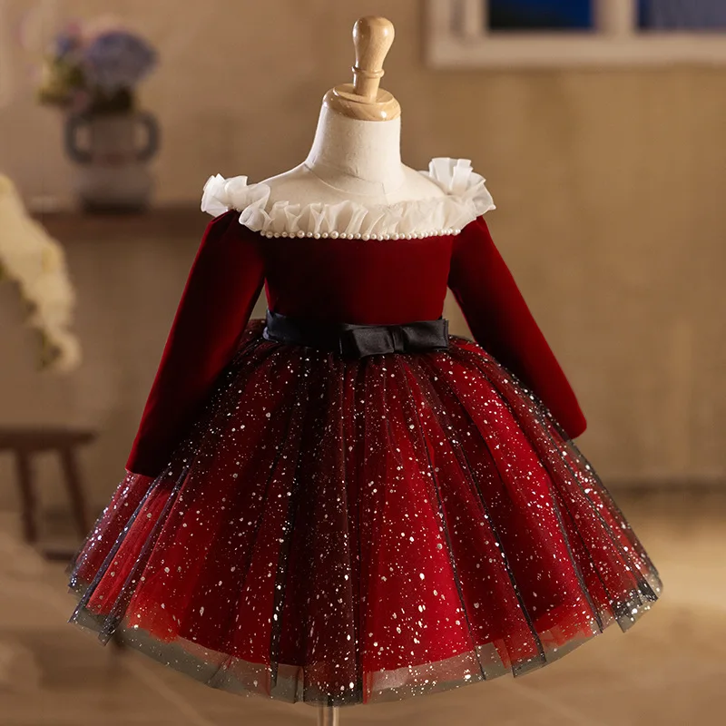 

Children's Formal Dress Princess Dress Birthday Little Dress Host Piano Performance Costume Girl's Formal Dress Long Sleeve Red