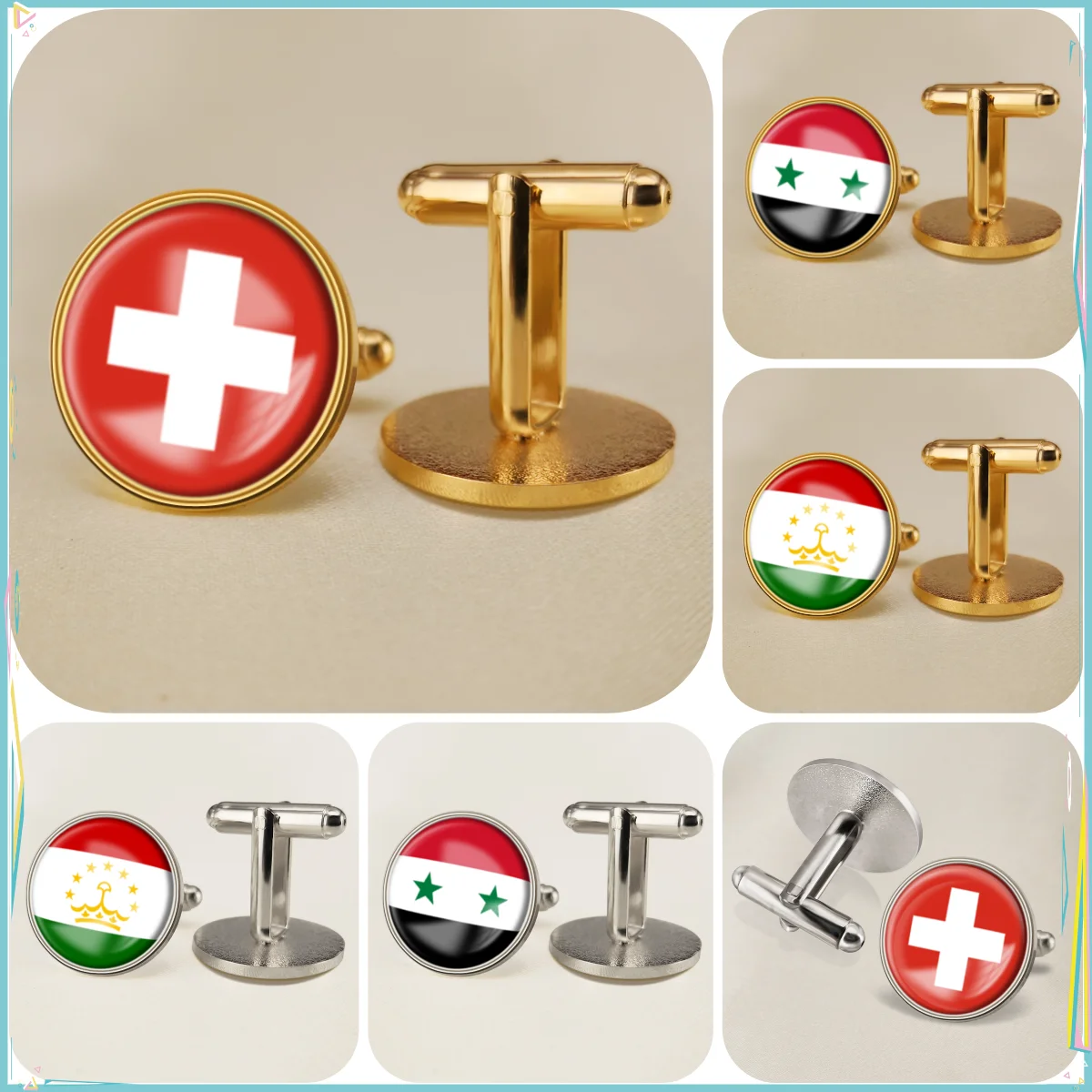 Switzerland Syrian Arab Republic Tajikistan National Emblem Flag Cufflinks