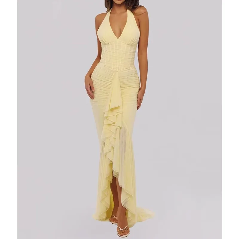 Mesh Deep V Neck Backless Sexy Maxi Dress Women Elegant Halter Off-shoulder Sleeveless Ruffled Club Party Long Dress