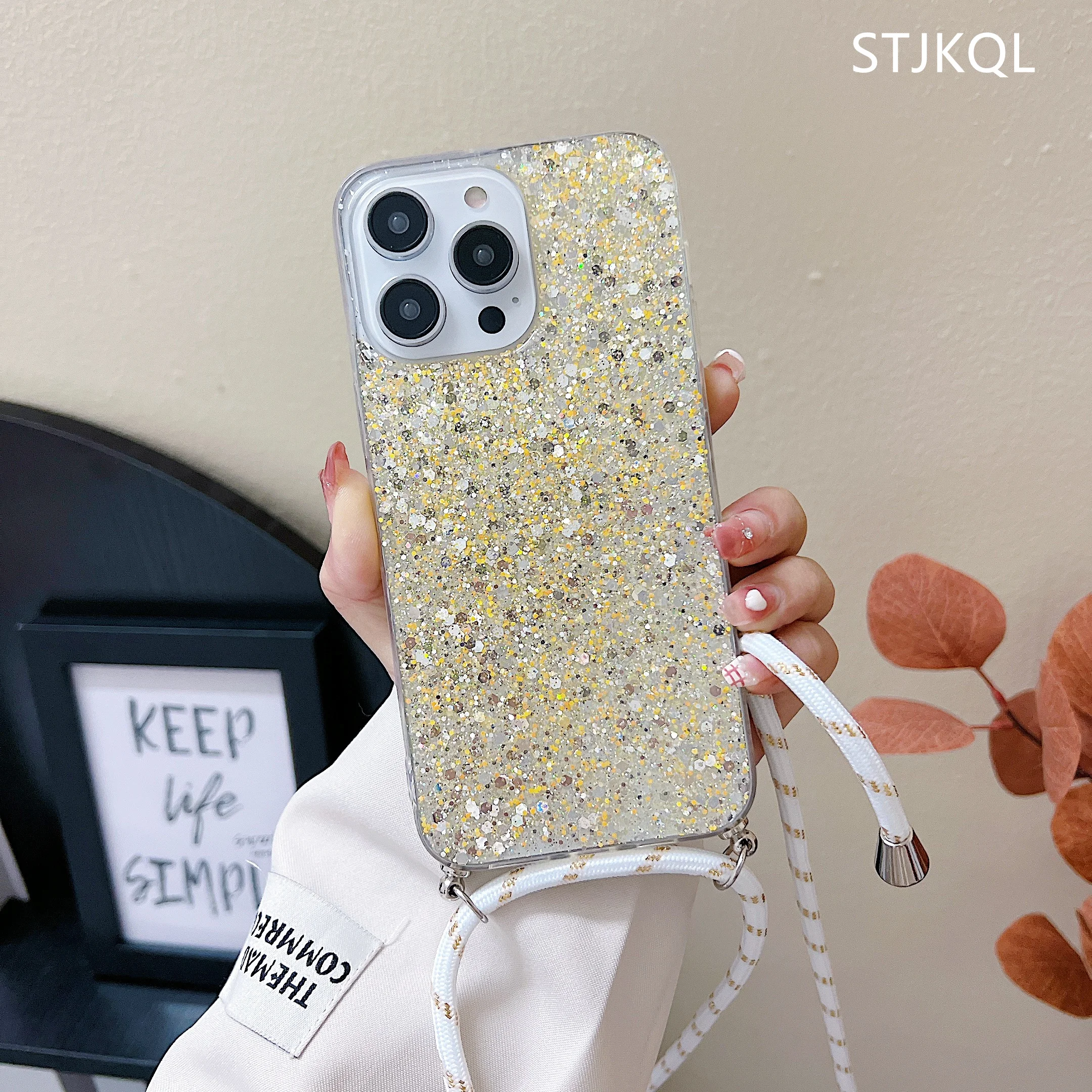 Transparent Glitter Band Cord Necklace Lanyard Soft Phone Case For Xiaomi Redmi Note 10 Pro 11 12 8 9 Redmi 9 9A 9T 9C 10C Cover