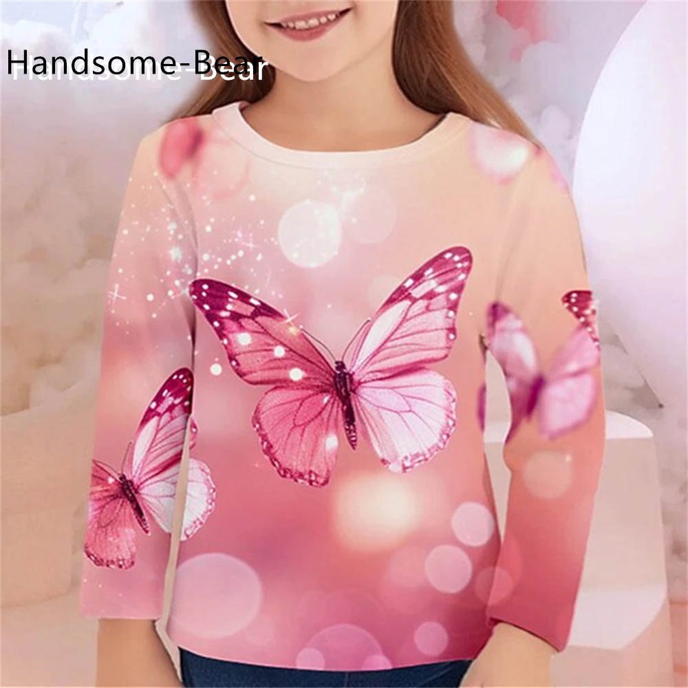 T-shirt à col rond imprimé papillon pour enfants, vêtements pour filles, t-shirts pour enfants, 2 à 8 ans