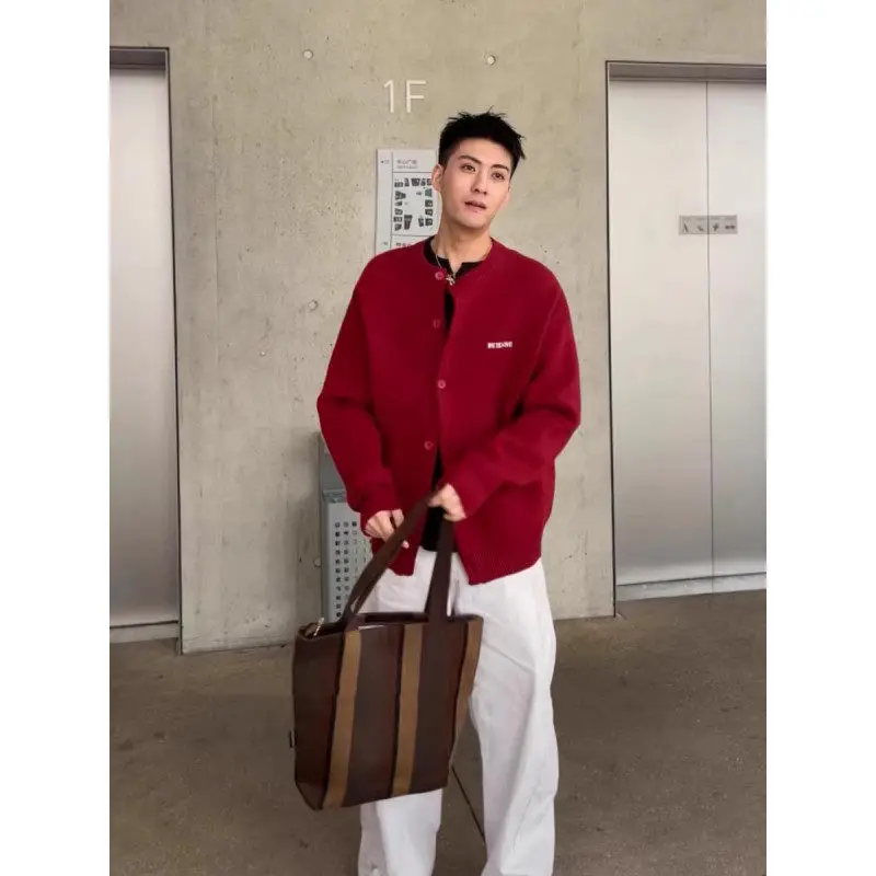 

Свободный мужской вязаный свитер, кардиган, красный, осенне-зимний, модный, в стиле ретро, повседневный длинный свек, трикотаж Ne Thiened