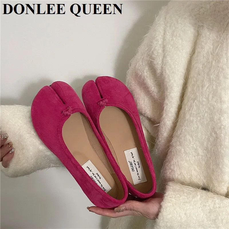 2023 New Suede Bowtie Tabi Ninja Shoes Woman Flat Soft Trotters Split Toe Ballet Ladies Round High Heeled Loafers Femmes Tacones