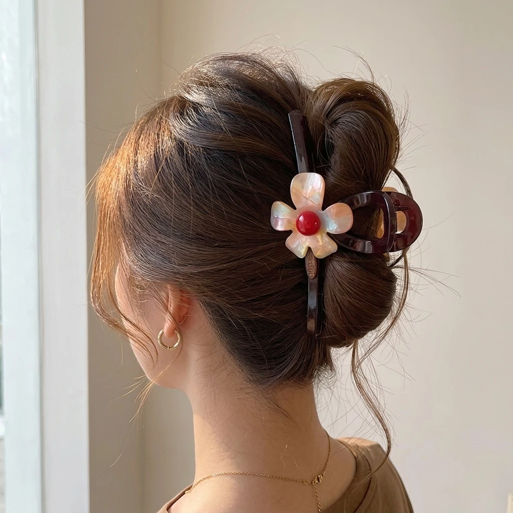 Herbst/Winter Wollmischung Farbblock Doppel-Schleife Haarspange Große Haarklammer für den Hinterkopf Neues Stylisches Haaraccessoire – Detail 3