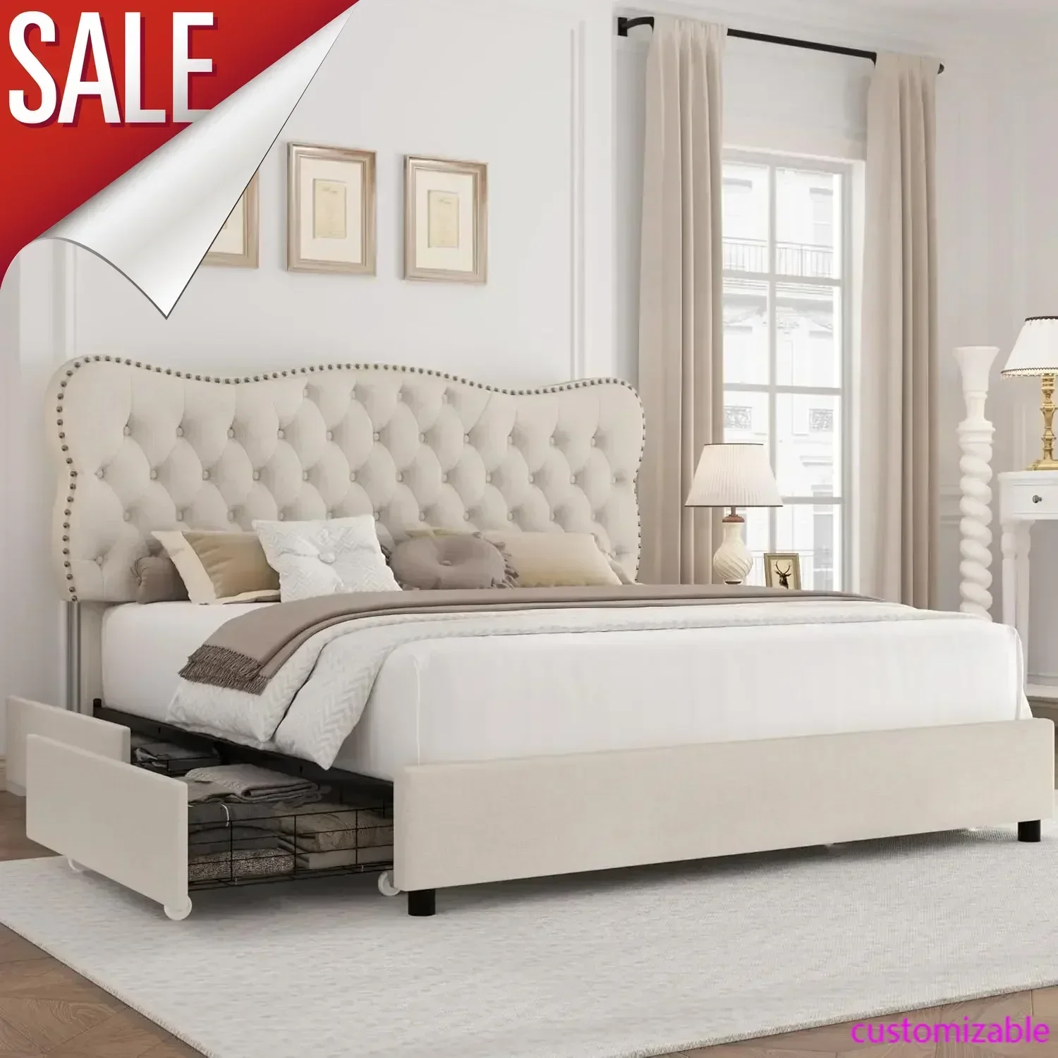 Top Fashion-Queen Bed Frame With 4 Storage Drawers, Upholstered Platform Frame With Button Tufted Headboard