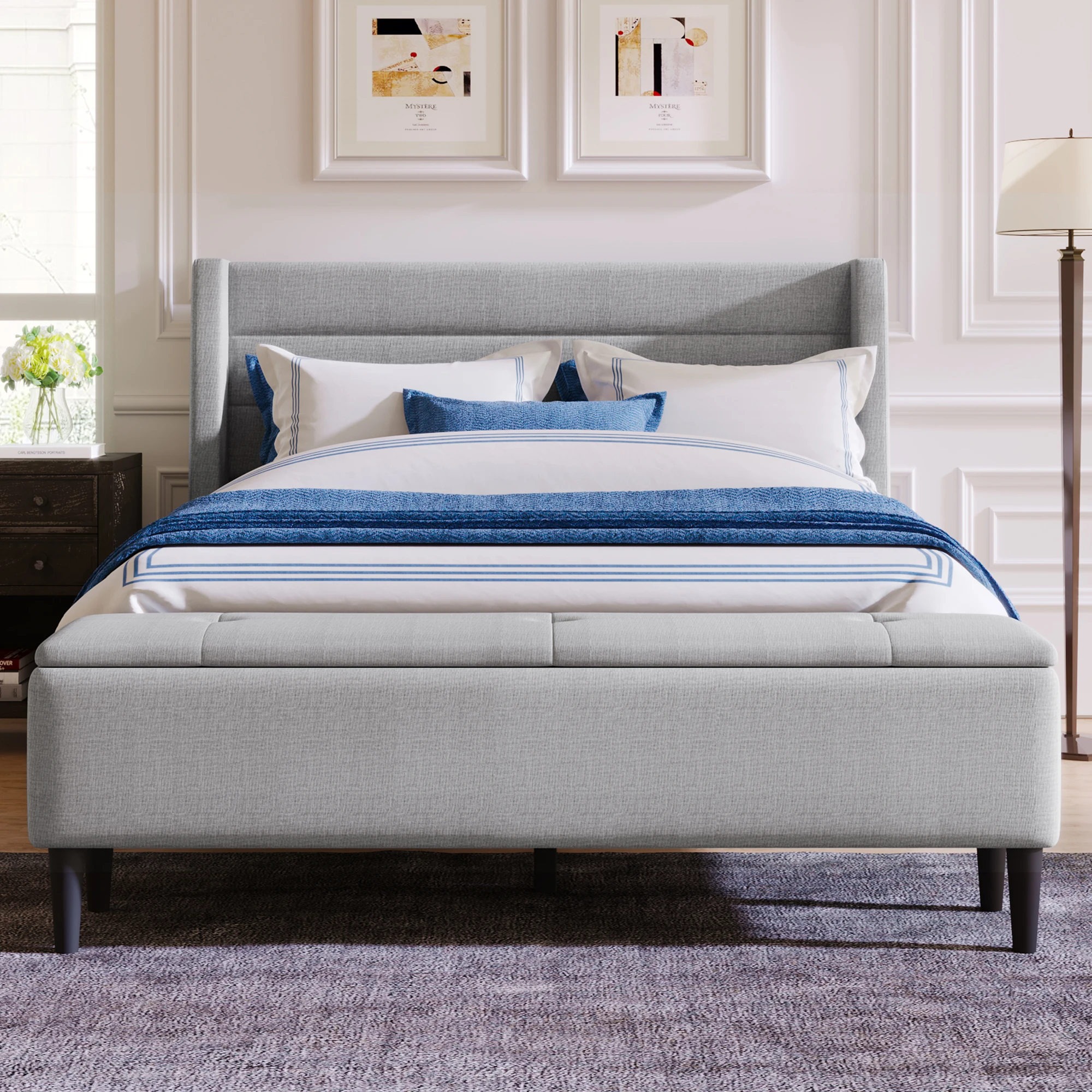 [Flash Sale]Queen Size Upholstered Storage Bed Frame with Storage Ottoman Bench No Box Spring Needed Gray/Beige[US-W]