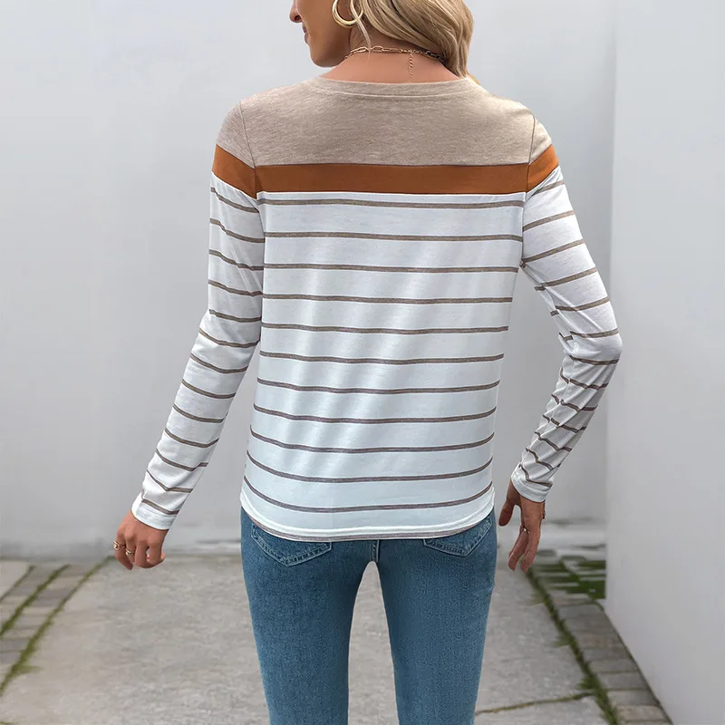 Spring Autumn Women's Casual Round Neck Long-Sleeve Striped Versatile T-shirt Pullover Sweatshirt Fashion Clothes