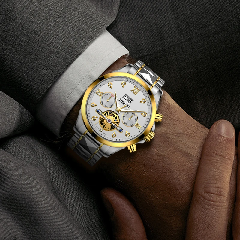 LOBINNI New Men's 50m Waterproof Top Brand Business 42mm Automatic Watch With Stainless Steel Band
