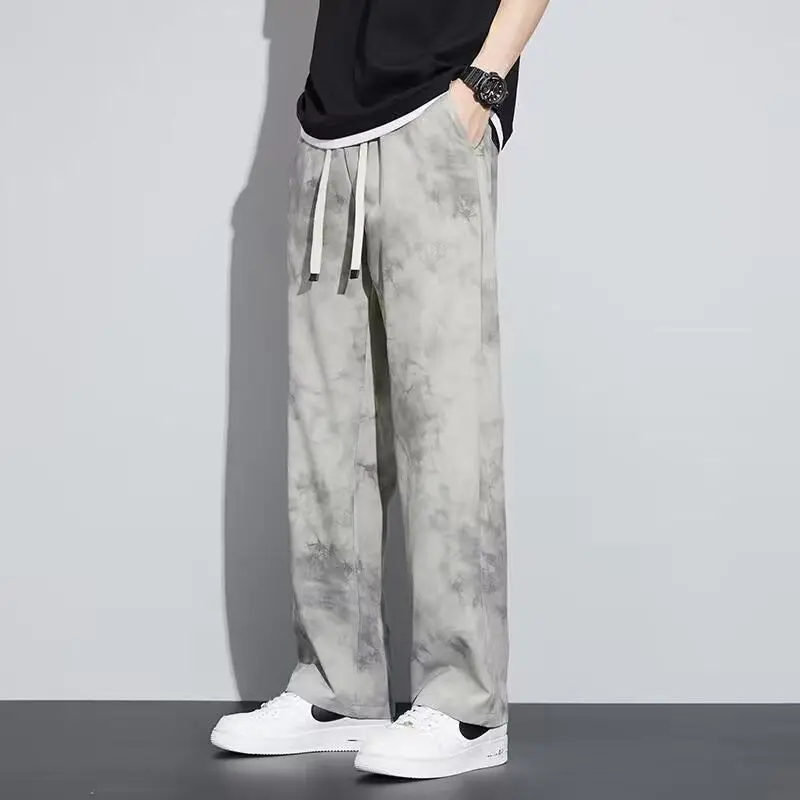 Mens Black Tie Dye Drawstring Pants Loose Fit Wide Leg Casual Streetwear Trousers
