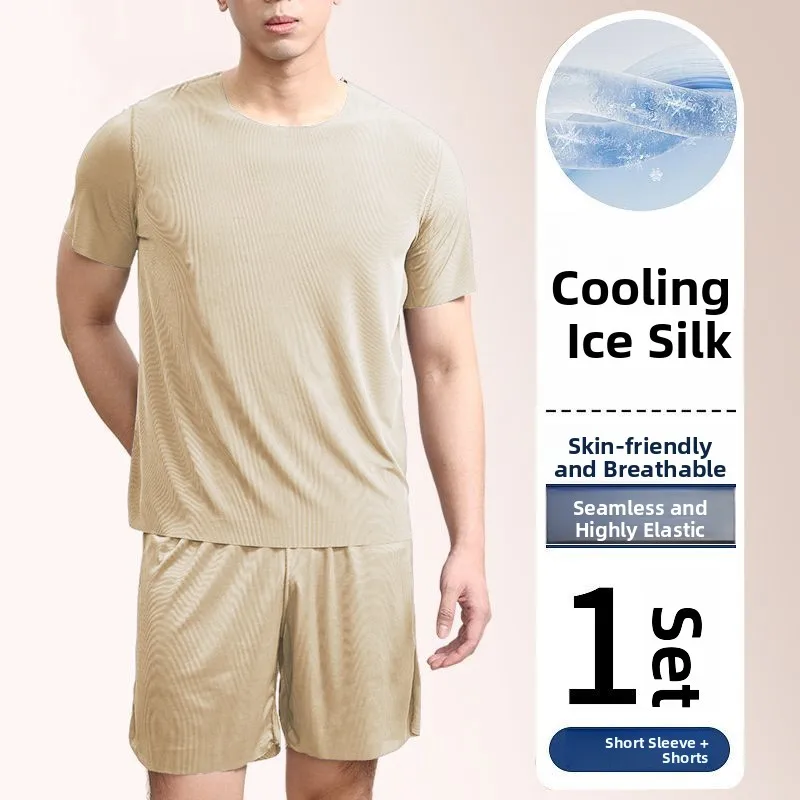 Pijama Masculino de Verão em Seda Gelada, Conjunto de Duas Peças com Camiseta de Manga Curta e Shorts, Estilo Coreano Fino e ...