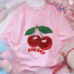 Cherry Kawaii Print T-shirt Women Clothes Harajuku Aesthetics Pink Tops Tshirt Kpop 2024 New Summer Fashion Y2k Female T Shirt