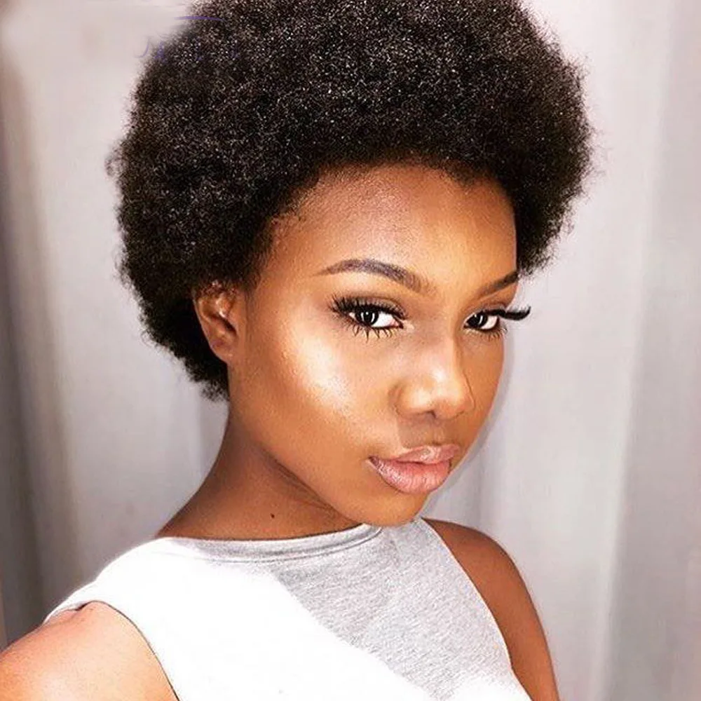 앞머리가 있는 짧은 아프로 곱슬머리 인모 가발, 전체 기계 제작 가발