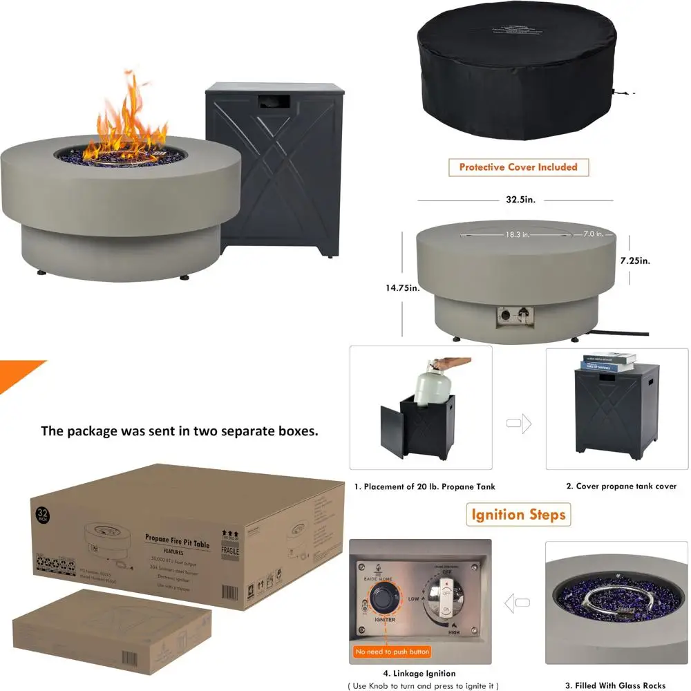 

Outdoor Propane Fire Pit 32.5 Patio Heater with 20lb Tank Cover, 50,000 BTU Round Burner Lid, Glass for Outdoor Living