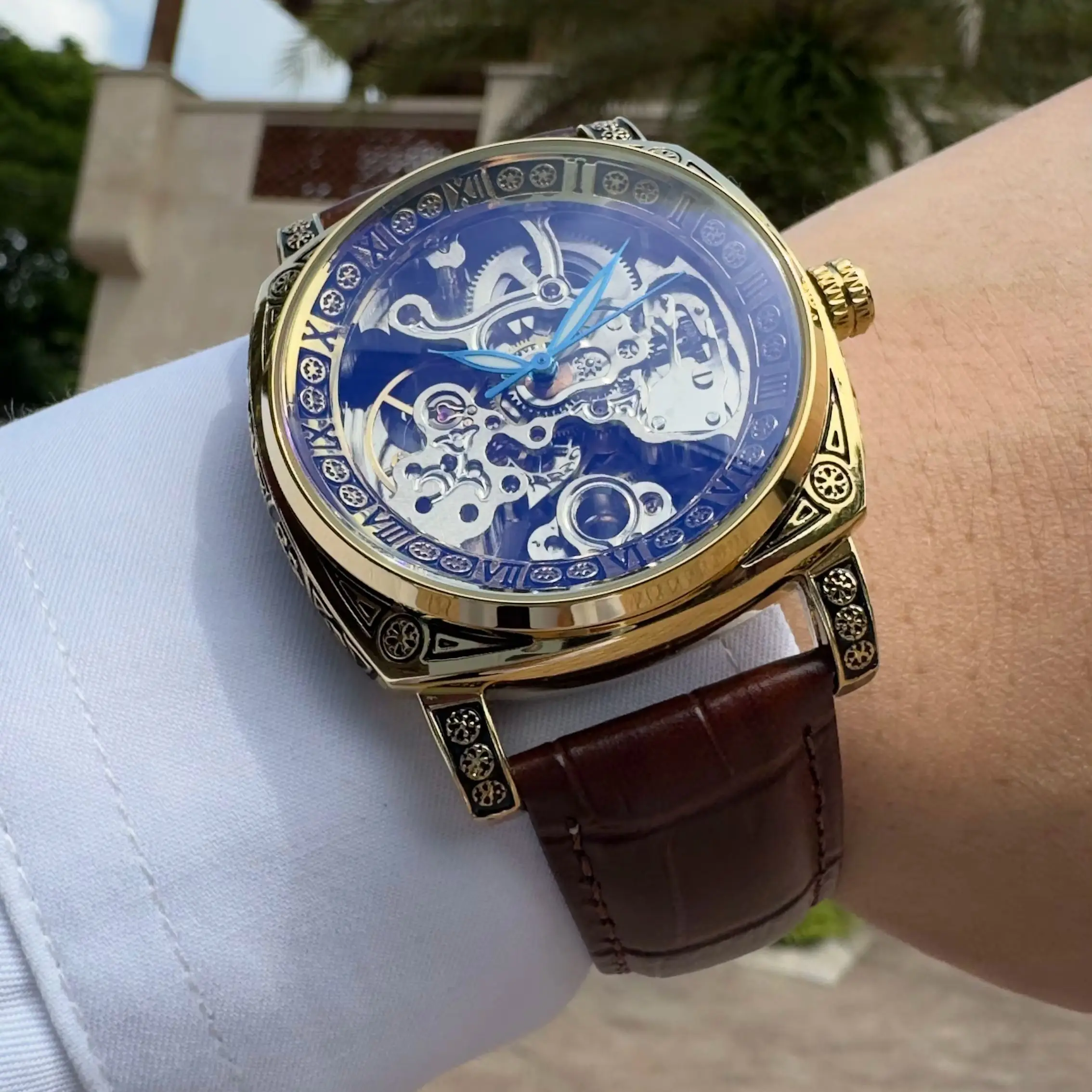 AOKULASIC Retro Square Engraved Skeleton Automatic Mechanical Watch for Men Luminous Hands Leather Strap Business Mens Watches