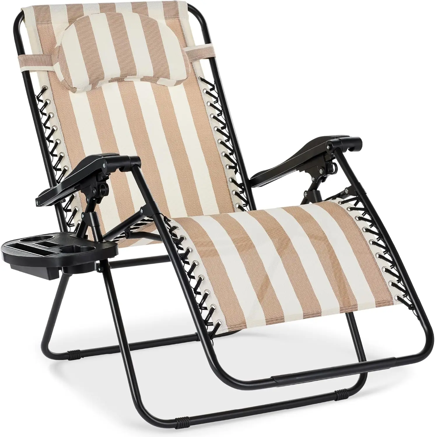 

Oversized Zero Gravity Chair, Folding Outdoor Patio Lounge Recliner w/Cup Holder Accessory Tray, Pillow - Tan Striped