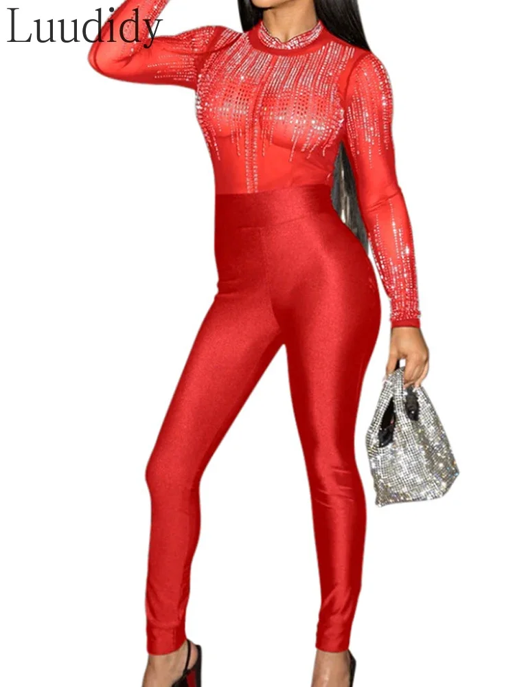 مثير طويلة الأكمام بقماش شفاف المرقعة حجر الراين حللا طويلة