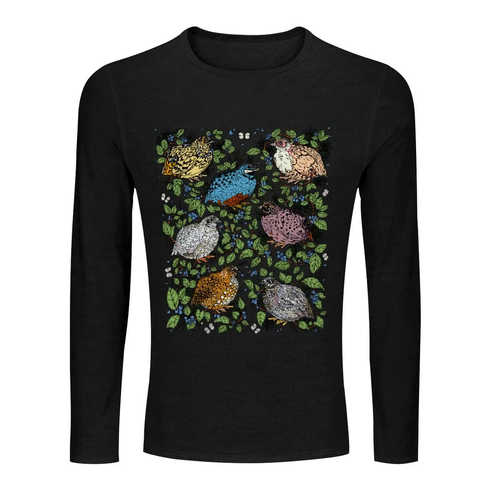 Quail, Blueberries, and Butterflies Morning Pattern Long T-Shirt tees mens big and tall t shirts