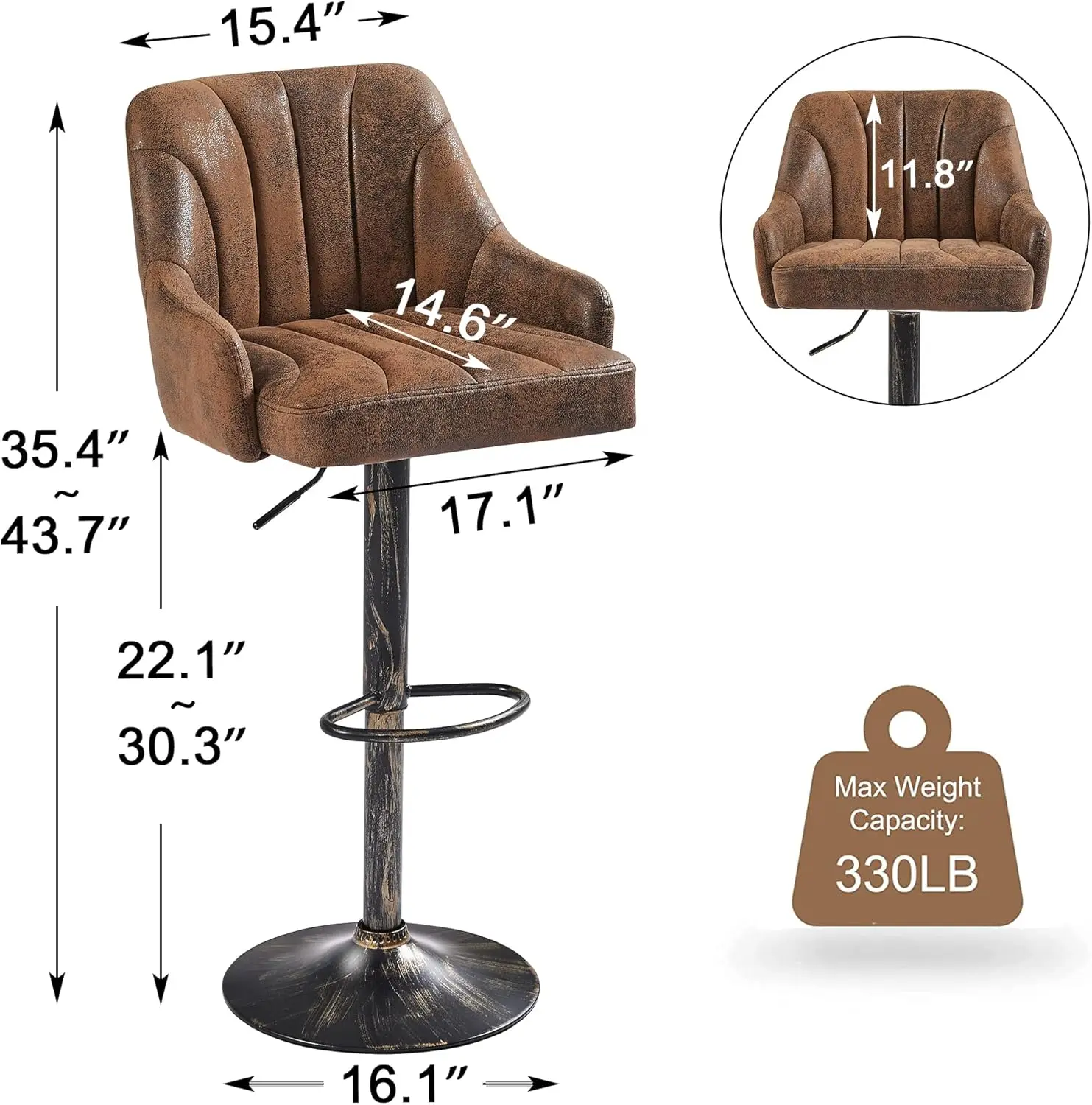 Barstools ajustável altura do contador com costas e braço, cozinha ilha fezes, cadeiras giratórias PU para Pub, conjunto de 4