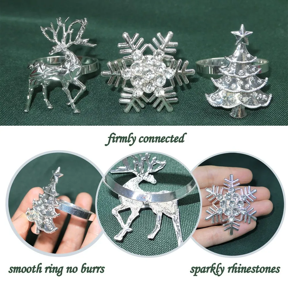 Christmas Napkin Holder, Elk Snowflake Xmas Tree Napkin Ring for Winter Holiday Dinner Setting and Christmas Decorations