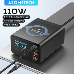 110W Multi 5-in-1 USB Charging Station, Fast Wireless Charger QC3.0 PD PPS Quick Charge for IPhone 14 Max Xiaomi Samsung Laptop