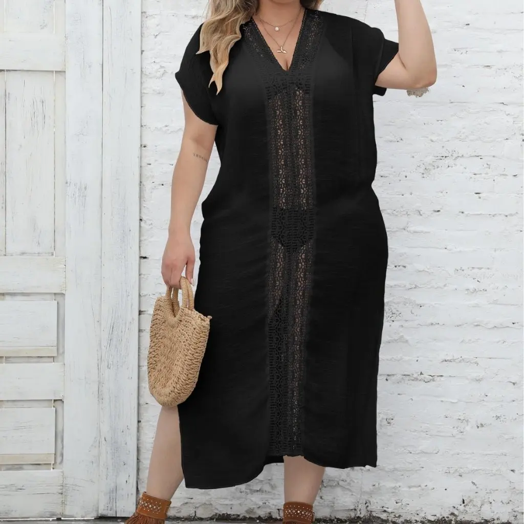 

Женская пляжная юбка больших размеров с v-образным вырезом и разрезом, кружевное бикини с вышивкой, праздничная повседневная юбка в европейском и американском стиле